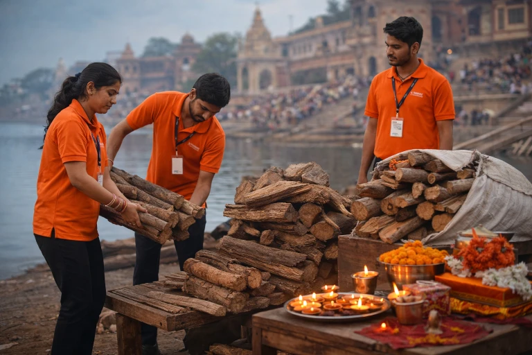 Arranging wood and materials for puja